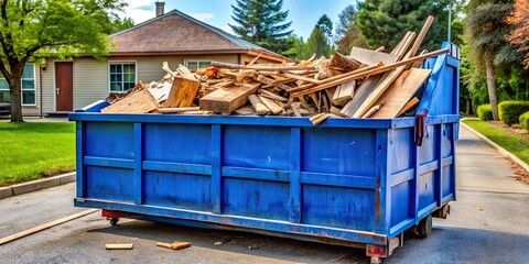 Stock photo of a long blue dumpster filled with wood and debris in suburban driveway