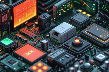 Fototapeta premium A close-up of a futuristic circuit board with various electronic components, including screens, cameras, and processors.