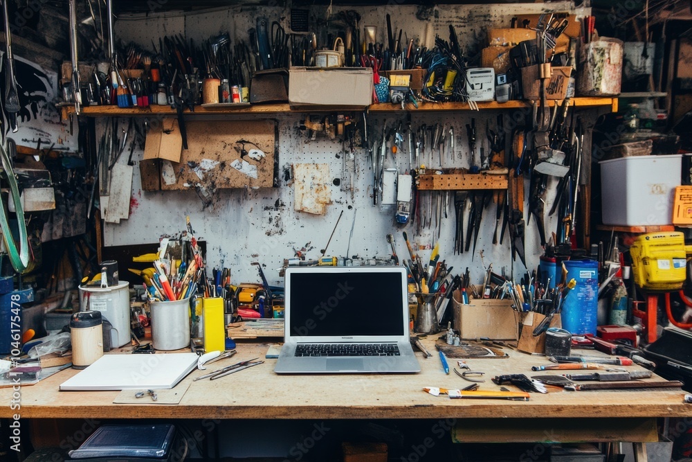 Aufkleber A spacious wooden table is set with a laptop and an array of tools, paints, and equipment in a busy workshop environment. Generative AI