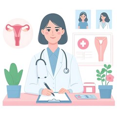 Obraz premium Flat, isolated illustration of a gynecologist wearing a lab coat, holding medical tools. The design features clean lines and a simple, professional appearance, ideal for healthcare-related visuals.