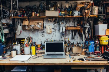 A spacious wooden table is set with a laptop and an array of tools, paints, and equipment in a busy workshop environment. Generative AI