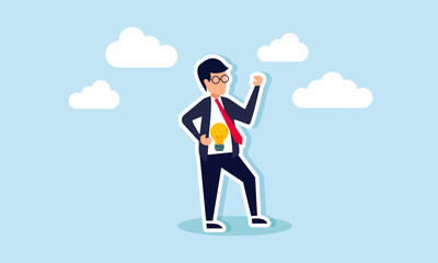 A businessman opens his suit, intending to present a lit lamp, illustration of presenting a business idea and innovation