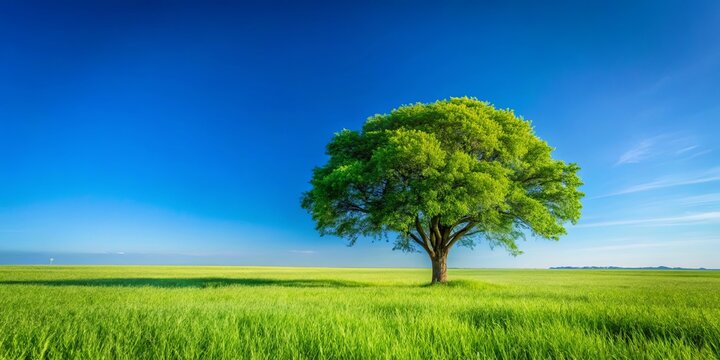 A solitary tree stands tall against a vibrant blue sky, its branches reaching towards the heavens, casting a long shadow across the verdant meadow below.