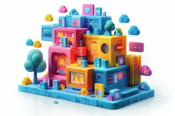 Fototapeta premium A colorful 3D illustration of a city made of stacked blocks, representing the internet and digital world, with clouds, a tree and other digital elements.