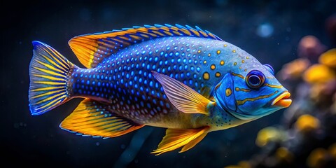 Obraz premium A vibrant blue and yellow fish with a speckled pattern swims through the water, its iridescent scales catching the light
