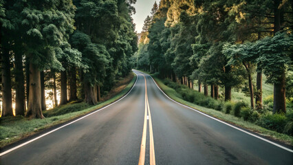 Obraz premium road in the forest. road, highway, asphalt, travel, landscape, sky, nature, way, drive, transportation, street, country, freeway, transport, car, curve, empty, line, rural, trees, horizon, motorway, j