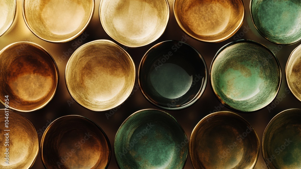 Aufkleber A collection of circular tea cups showcases warm brown and green hues, creating an inviting atmosphere perfect for enjoying tea. Generative AI