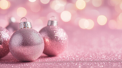 Fototapeta premium Delicate pink Christmas ornaments glisten against a soft,sparkling backdrop,capturing spirit of holiday season and its bright,joyful ambiance,copy space