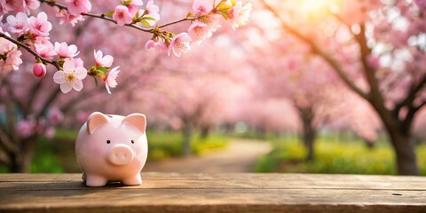 Stock photo of a piggy bank with blooming cherry blossoms in the background