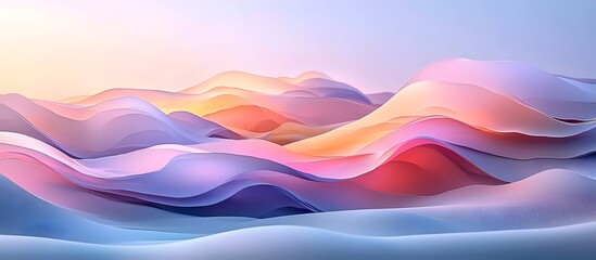 A tranquil landscape of gentle, undulating waves in soft pastel colors, creating a serene atmosphere with pinks, purples, and subtle blues reflecting a calm sunset.