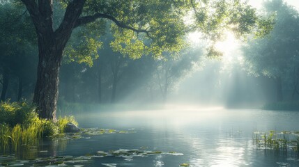 Fototapeta premium Serene forest scene with misty water and sunlight filtering through trees.