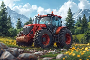Fototapeta premium A red tractor sits on a grassy field with mountains in the background.