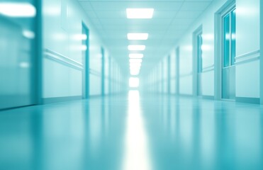 Obraz premium A long, empty hallway with bright white lights and blue walls.