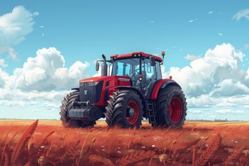Obraz premium A red tractor sits in a field of dry grass under a blue sky with white clouds.