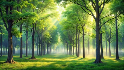 Naklejka premium Sunlight Streams Through A Canopy Of Lush Green Trees, Illuminating A Path Through The Misty Forest