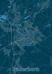 Map of Paderborn, Germany, rendered in a minimalist style. The map features a dark blue background with white lines representing roads and streets.