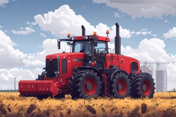 Obraz premium A red tractor with large wheels stands in a field of stubble, silhouetted against a cloudy sky.