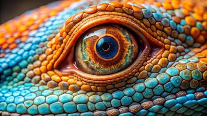 Fototapeta premium A close-up view of a reptile's eye, showcasing the intricate details of its textured skin and the mesmerizing blue iris reflecting a world unseen.