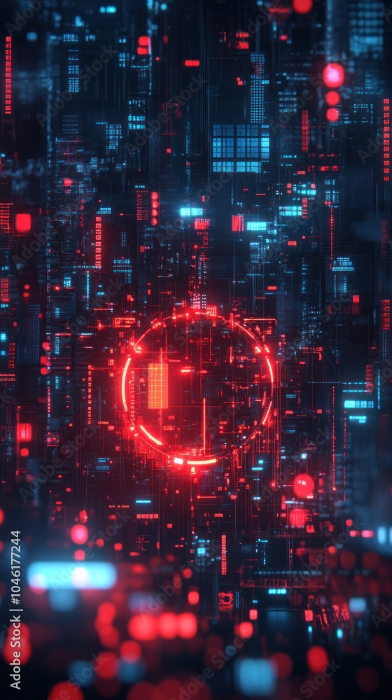 Poster a computer generated image of a city with a red circle in the middle. the image has a futuristic and