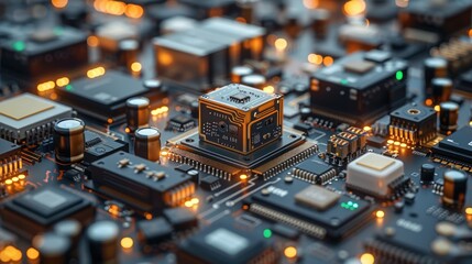 Obraz premium Close-up of a computer chip on a circuit board, glowing with light.