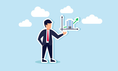 A businessman points to a rising graph of office buildings and businesses, illustration of showcasing performance and valuation of owned businesses