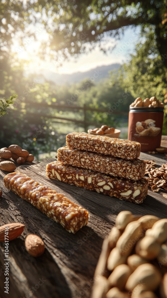 Poster a stack of bars of food with nuts on top of a table. the bars are stacked on top of each other and t