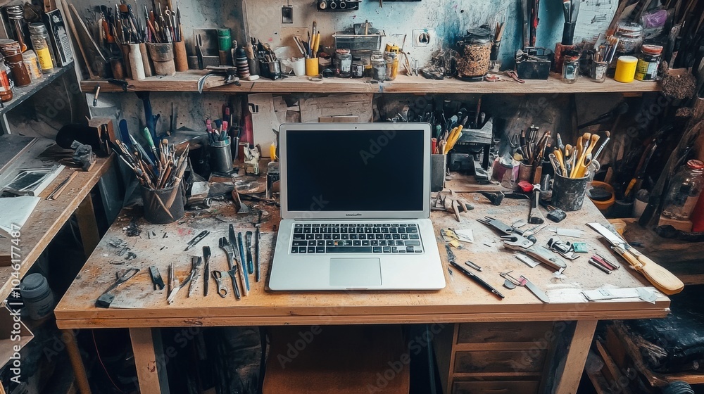 Poster a laptop sits on a cluttered workbench filled with various tools and art supplies, reflecting a busy