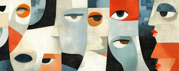 A painting of several faces with one saying "The people are looking at you". The painting is a collage of different faces with different expressions