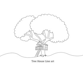 Single continuous line drawing of tree house. coloring book pages for kids and adults with vector illustration.