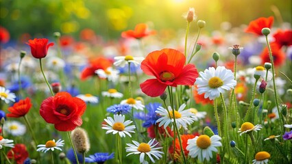 Fototapeta premium A vibrant tapestry of wildflowers, with delicate petals unfurling in the soft glow of the setting sun, creates a breathtaking scene of natural beauty and serenity.