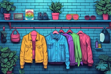 A brick wall with a shelf and hanging clothes. The shelf has plants, glasses, shoes, and a framed picture. The clothes include jackets, shirts, sweaters, and a bag.