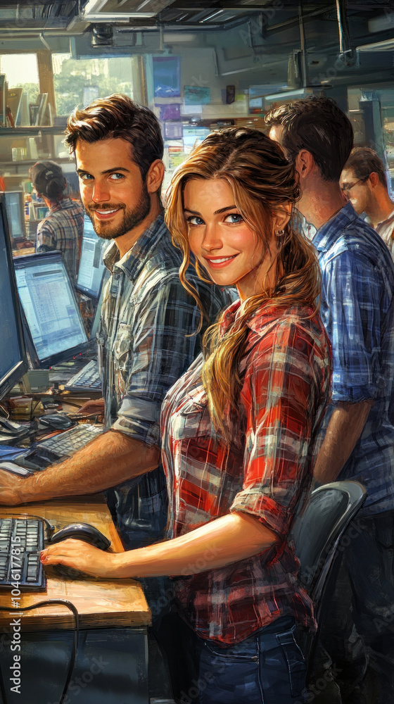Aufkleber a woman is smiling at a man who is sitting at a computer. the image is of a group of people working 