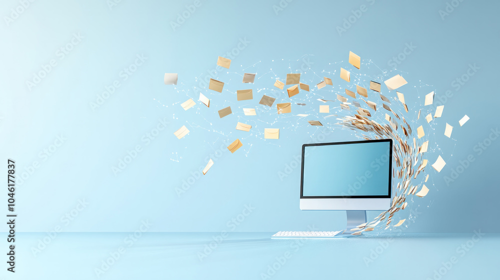 Poster a computer monitor with a lot of emails flying around it. concept of a busy workday with a lot of em