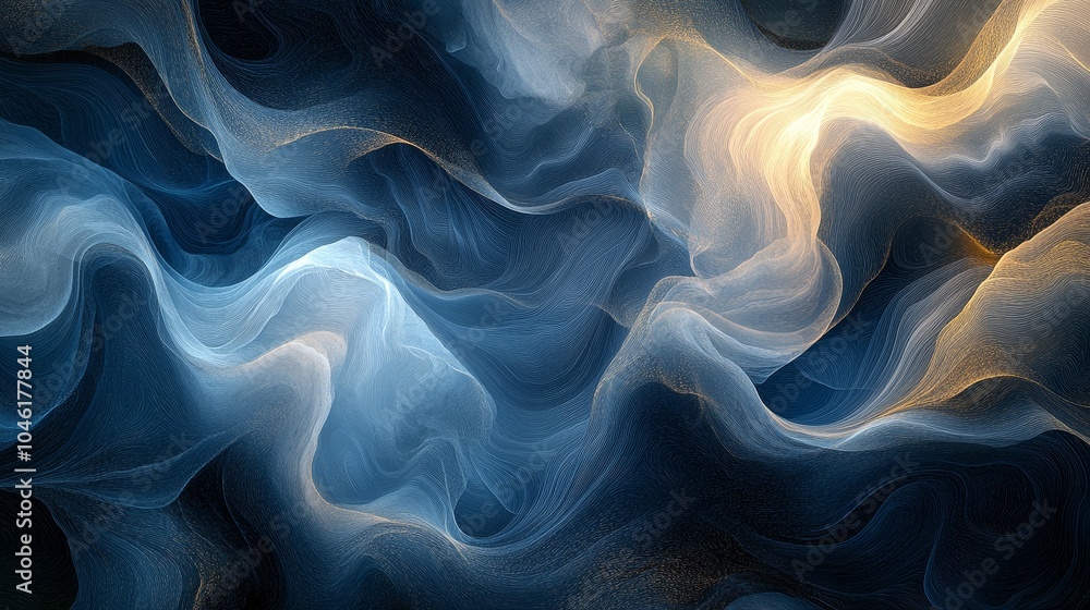 Poster abstract rotating patterns of blue, gray, and beige, resembling marble textures, with a smooth artis