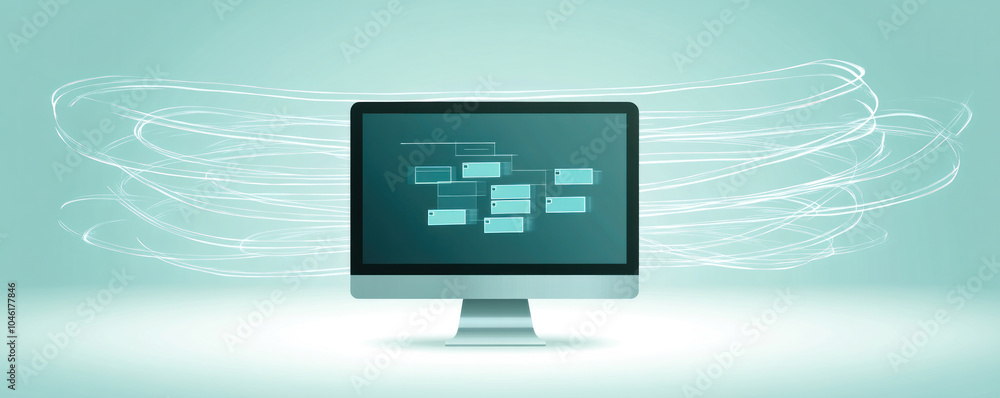 Poster a computer monitor with a green background and a white screen. the screen is filled with lines and d