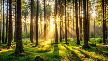 Fototapeta premium Golden Rays Pierce the Canopy of a Tranquil Forest, Illuminating a Carpet of Vibrant Green