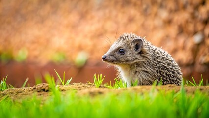 A prickly creature with tiny eyes peering from the shadows, hiding in the green grass, a moment of tranquility in the wild.