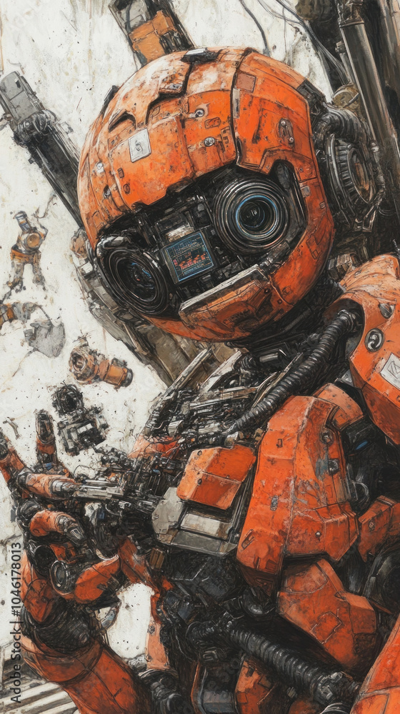 Poster a robot with a red helmet and blue eyes is posing for a picture. the robot is surrounded by various 