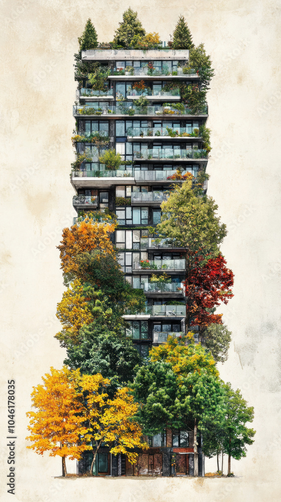 Poster a tall building with a green roof and trees growing out of it. the building is surrounded by trees a