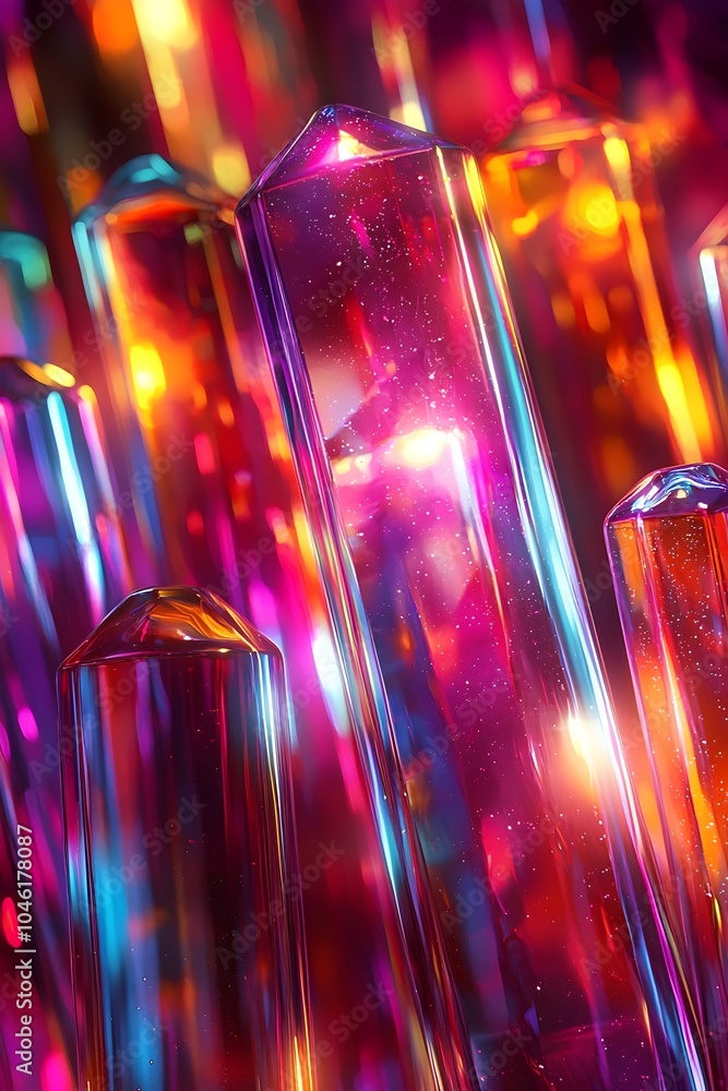 Poster an abstract close-up of vibrant, multicolored crystals shimmering with an array of colors, creating 