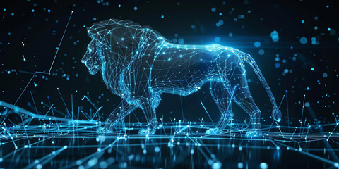 a lion wireframe with lines and dots, Abstract Wireframe Lion Design with Lines and Dots, 