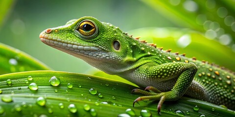Obraz premium A Vivid Green Lizard Perched on a Dew-Covered Leaf, Its Eyes Glowing with an Inner Light