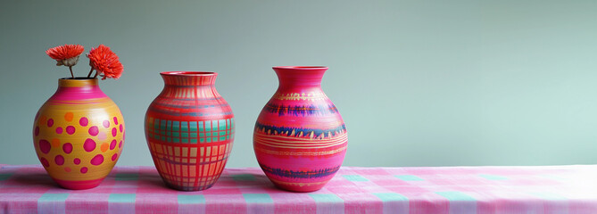 Colorful handmade pottery vases pink orange artisan boho floral pattern striped polka eclectic decor home styling creative tabletop crafts retro design copy space banner background crafty DIY ad bold