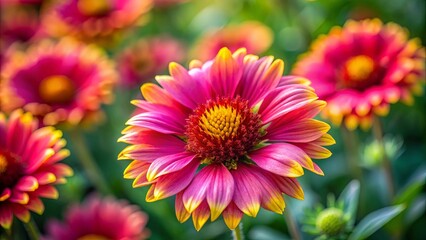 Obraz premium A single vivid pink flower with yellow tips, bursting forth from a field of vibrant blooms, its delicate petals catching the soft light of the sun.