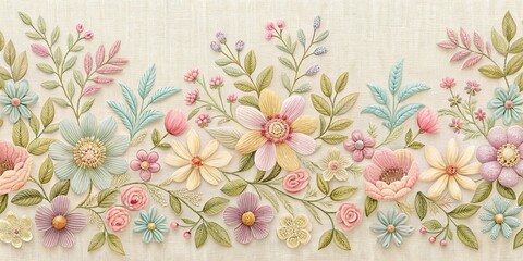 A Tapestry of Delicate Floral Embellishments, Woven With Exquisite Detail on a Textured Beige Canvas