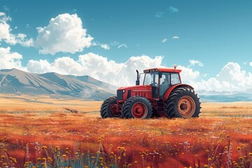 Obraz premium A red tractor sits in a field of wildflowers with mountains in the background under a bright blue sky.