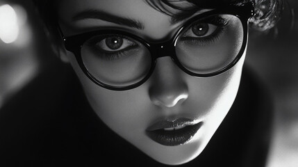 Monochrome close-up portrait of a woman, glasses, with an enchanting gaze, black and white.