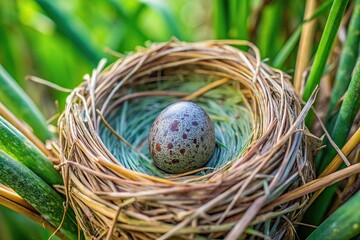 Obraz premium Stock photo of common cuckoo egg in marsh warbler nest, Cuculus canorus