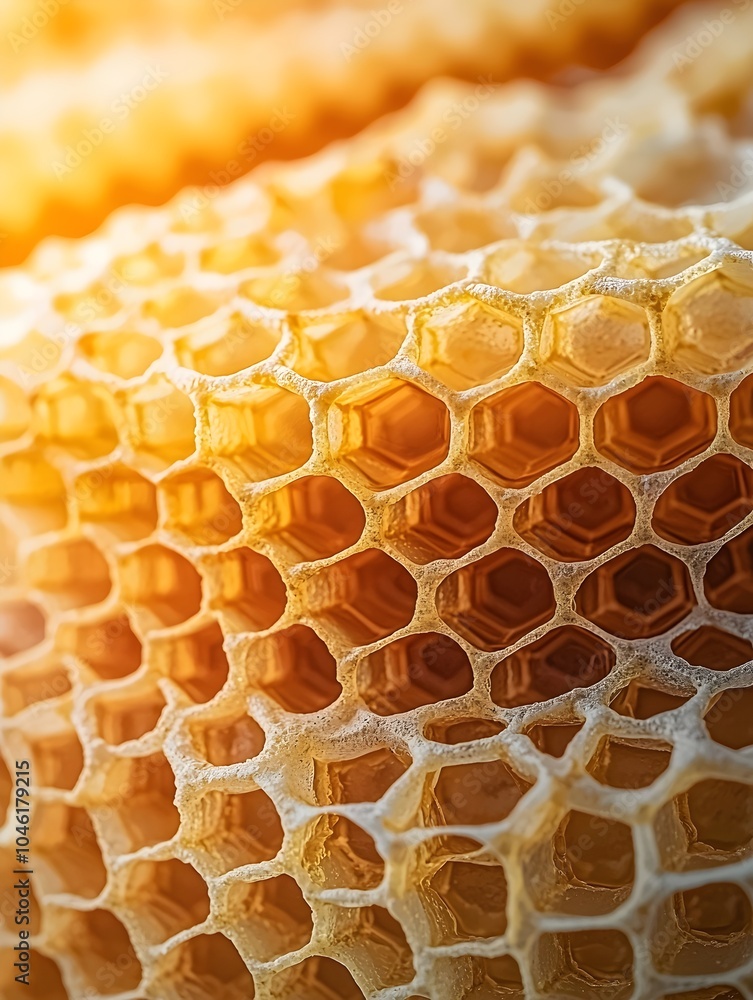 Aufkleber close-up of golden honeycomb showcasing intricate hexagonal patterns, illuminated by warm sunlight, 