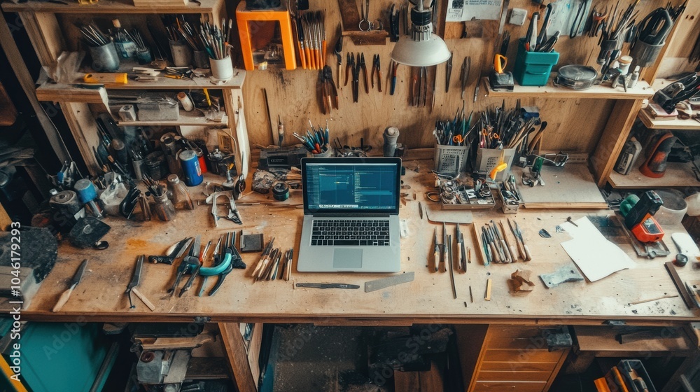 Aufkleber A workspace filled with an array of tools and materials features a laptop on a wooden workbench, creating a productive environment. Generative AI